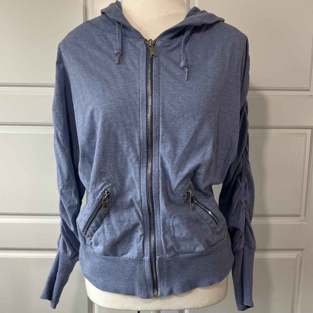 Zella Light Blue Full Zip Hoodie Ruched Sleeve Athleisure Yoga Jacket‎ XS